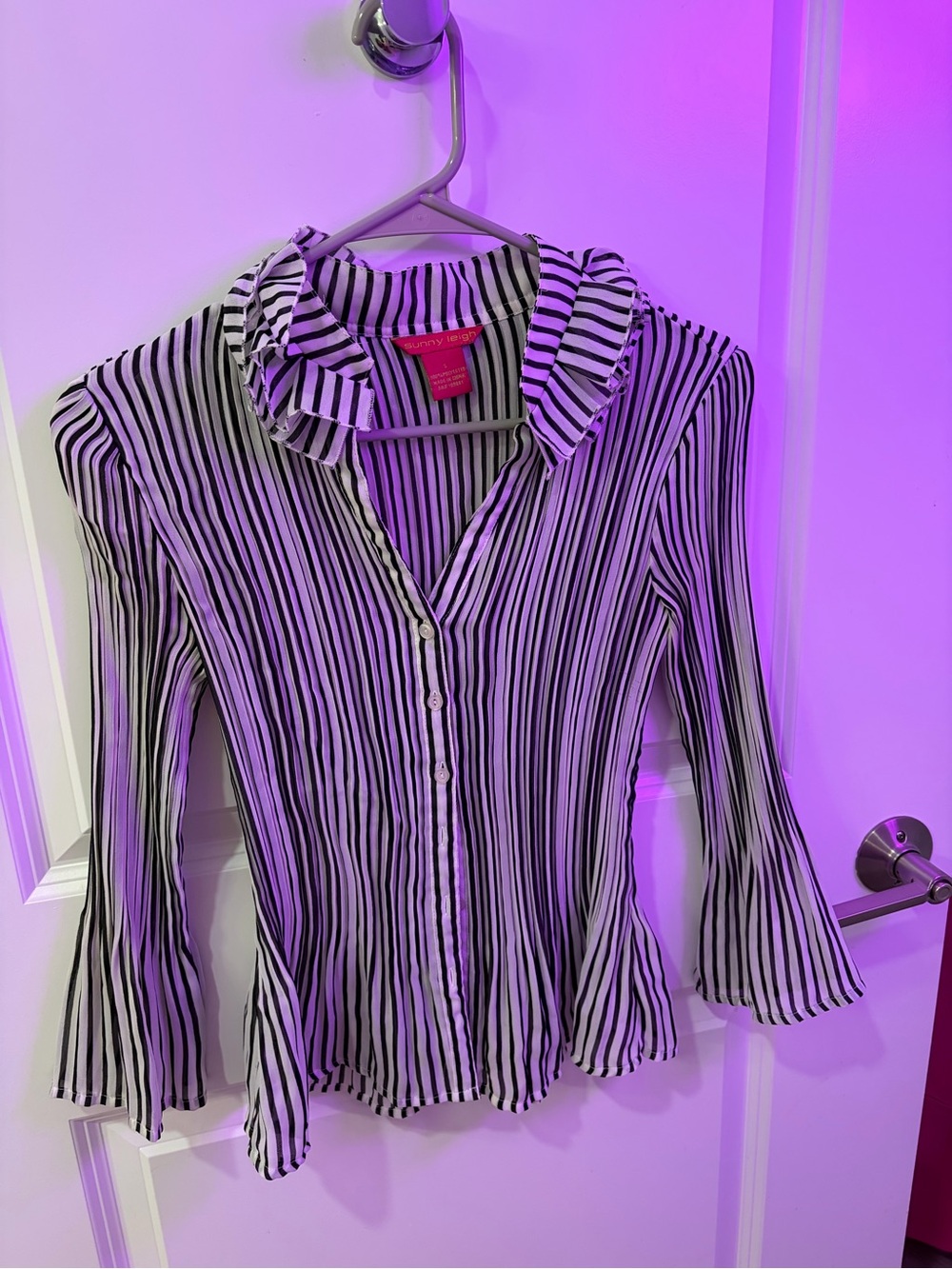Sunny Leigh Black & White Striped Ruffle-Collar Button-Down Blouse